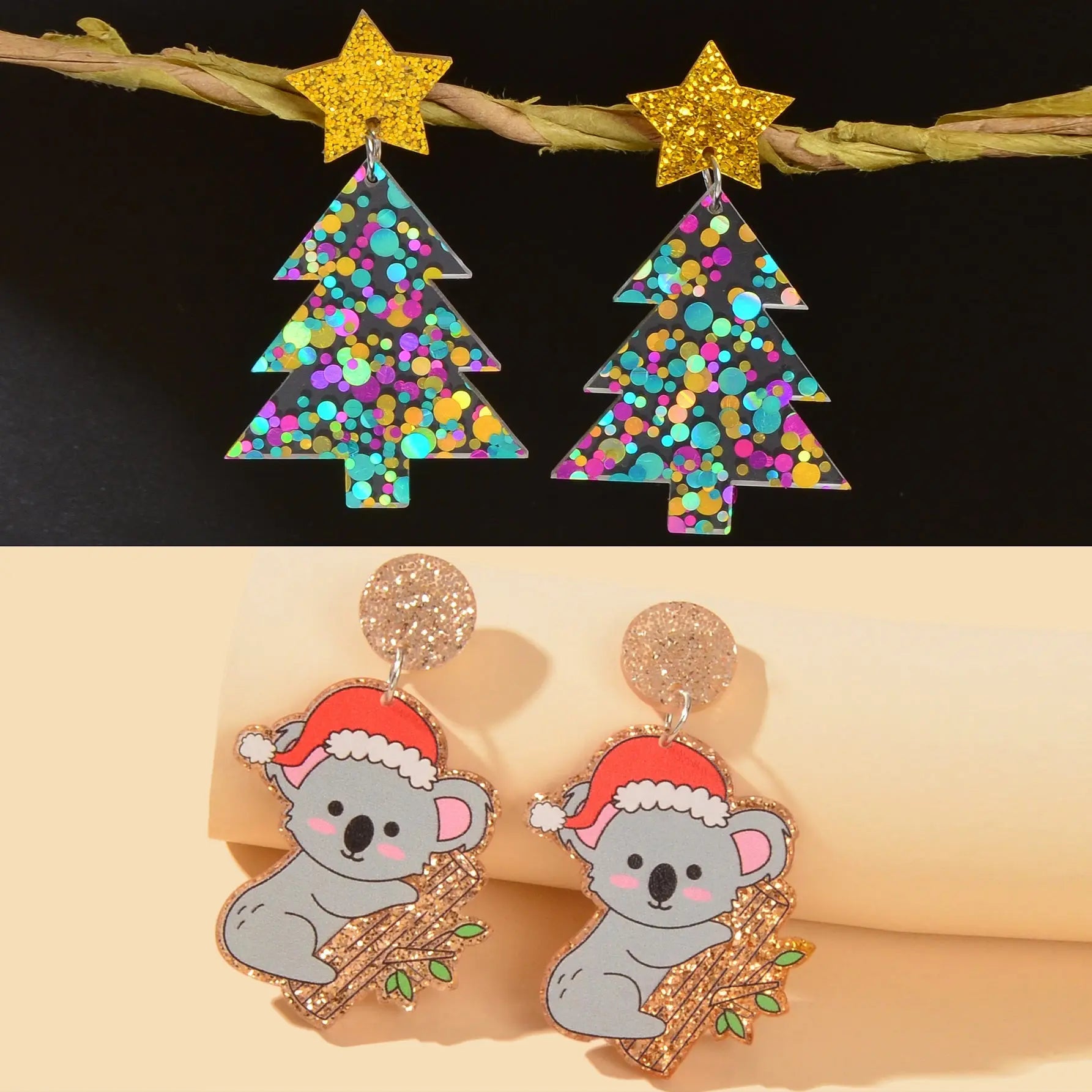 2 pairs Christmas Festival Jewelry Sequin Decor Acrylic Tree Koala Earrings set Feelontop Jewellery