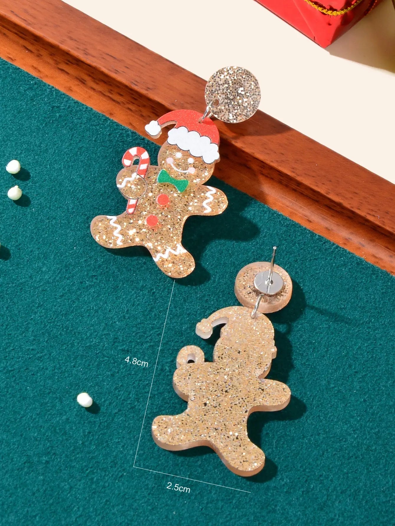 Christmas Gift Sparkling Acrylic Gingerbread Man with Candy Cane Dangle Earrings Feelontop Jewellery