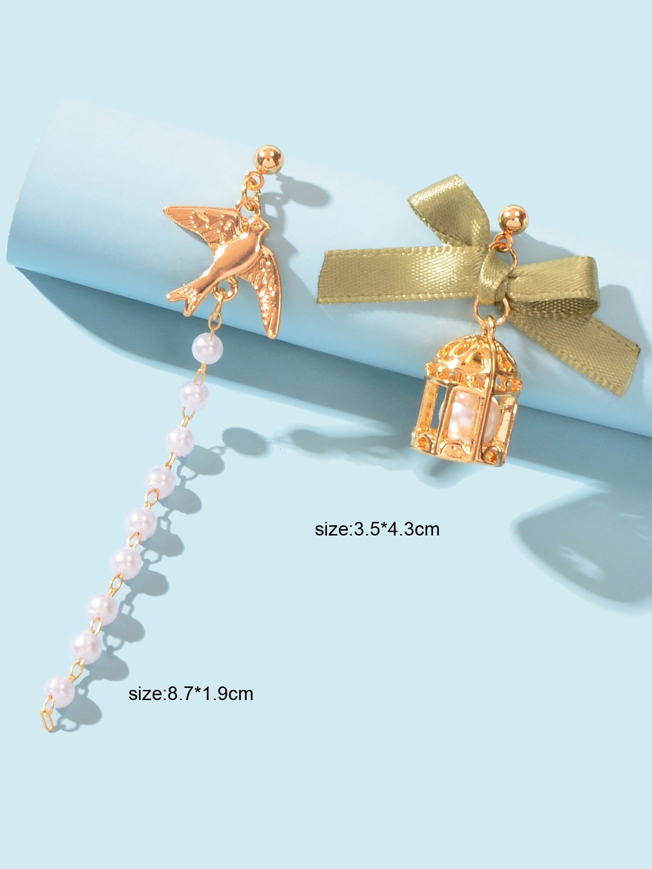 Elegant Asymmetrical Green Bow tie Gold Bird Birdcage Pearl Long Chain Earrings Feelontop Jewellery