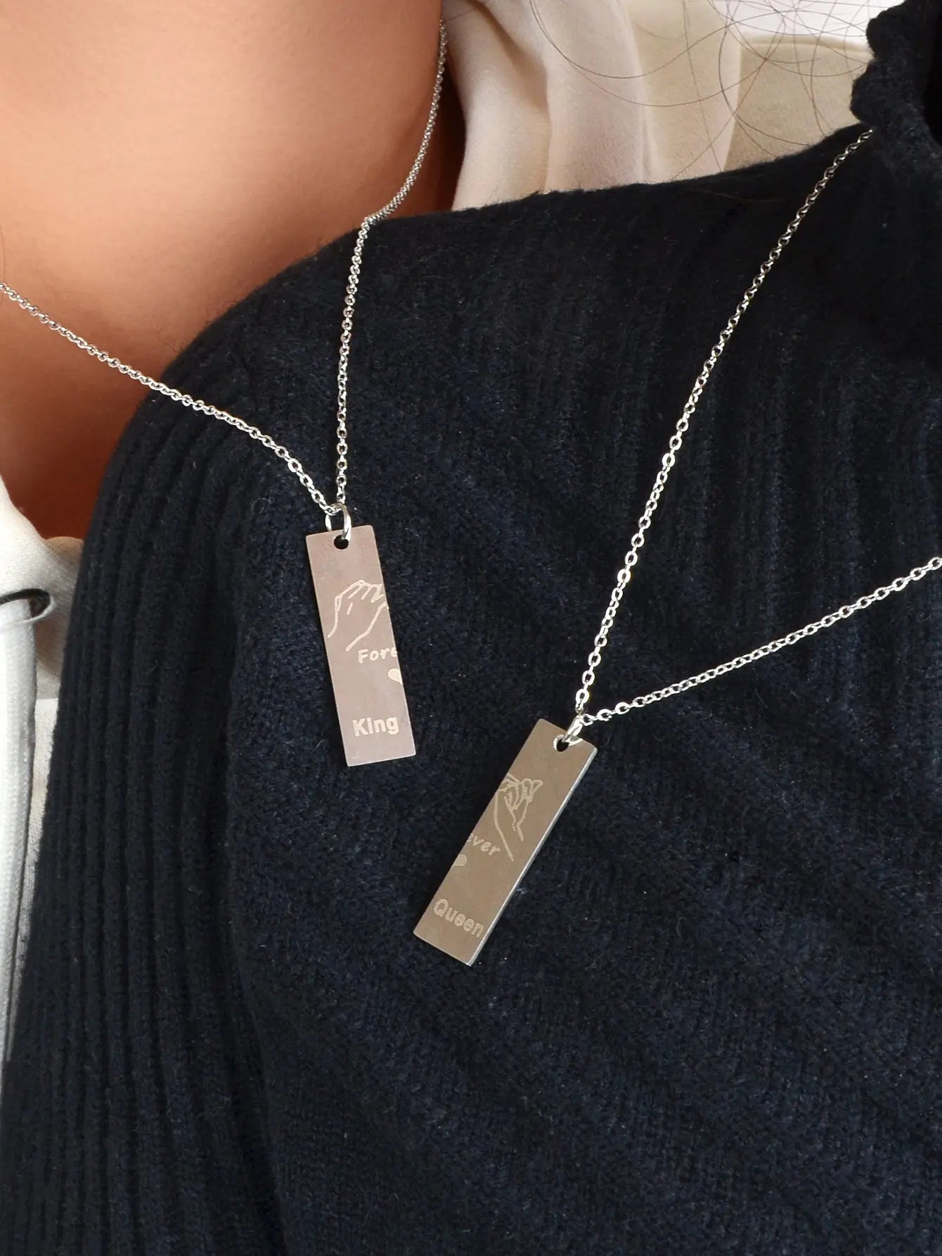 2 pcs Love Heart King Queen Square Pendant Couple Lover Matching Necklaces Gift Feelontop Jewellery