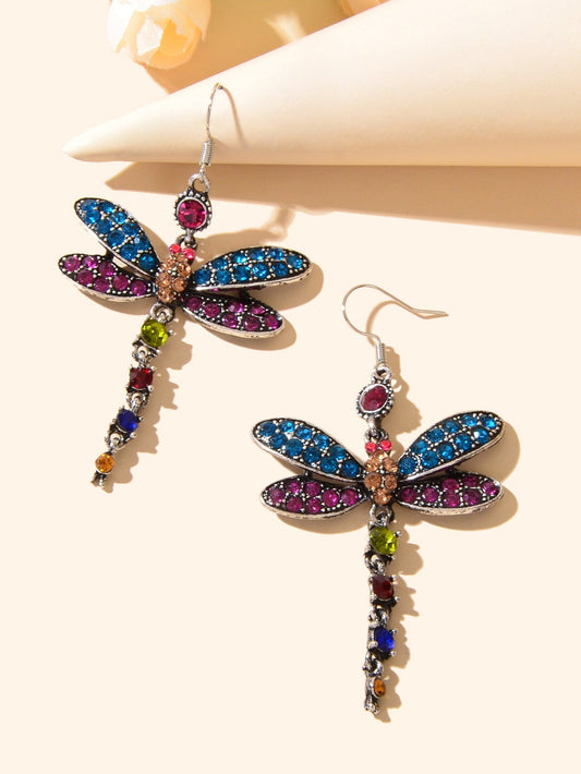 Luxury Jewellery Colorful Rhinestone Dragonfly Long Pendant Dangle Gift Earrings Feelontop Jewellery