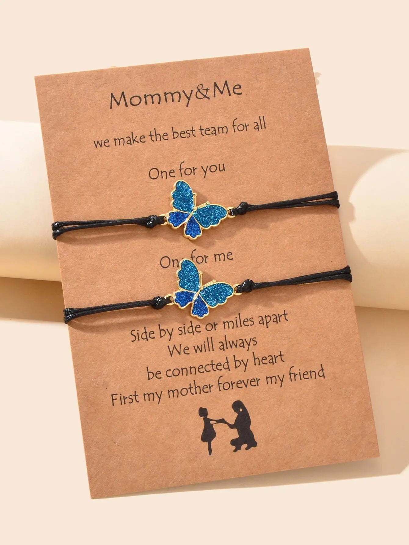 2 pcs Adjustable Black Rope Blue Butterfly Pendant Bracelet Mother's Day Gift Feelontop Jewellery
