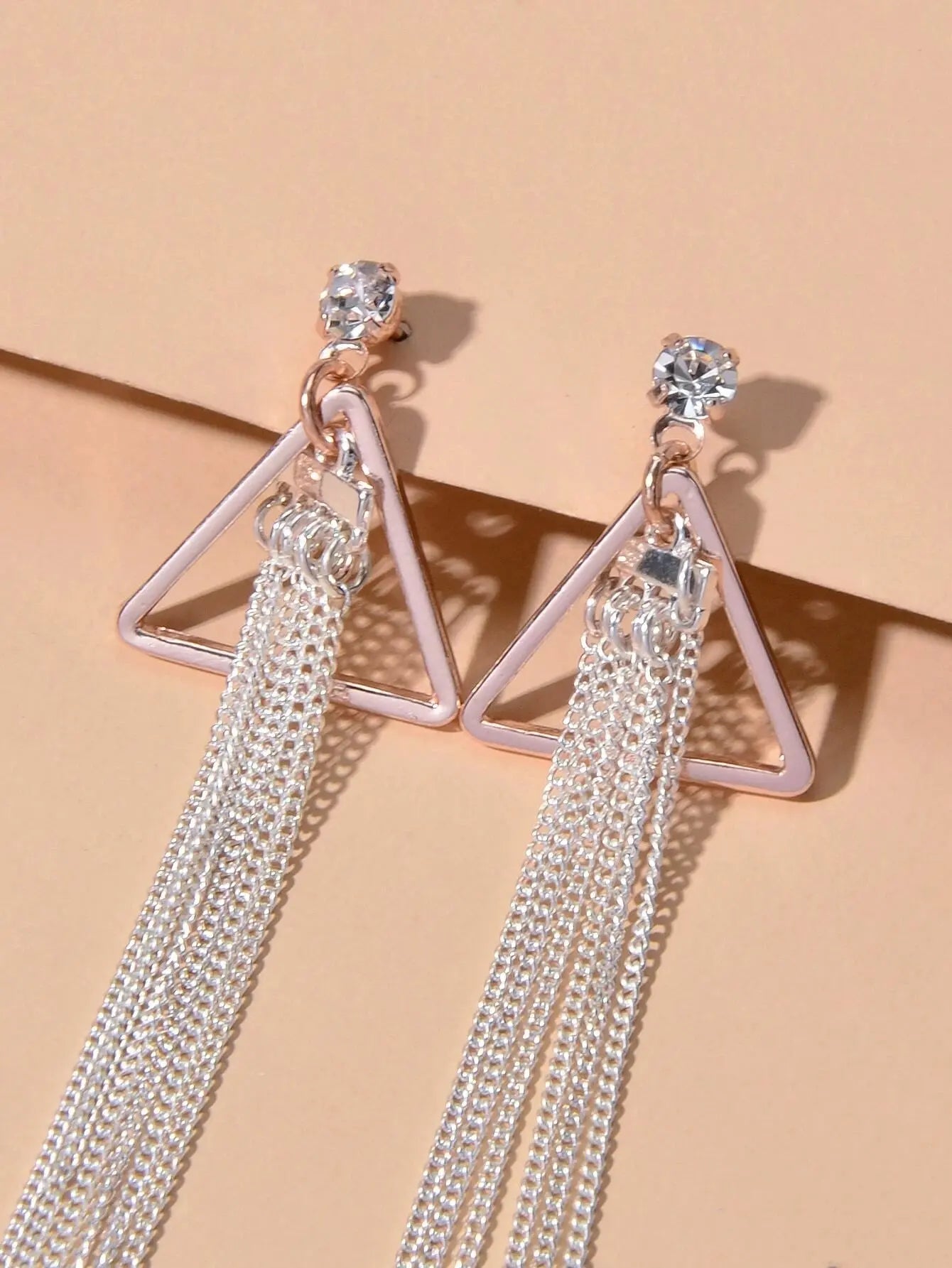 Rhinestone Triangle Silver Tassel Long Chain Drop Dangle Party Stud Earrings Feelontop Jewellery