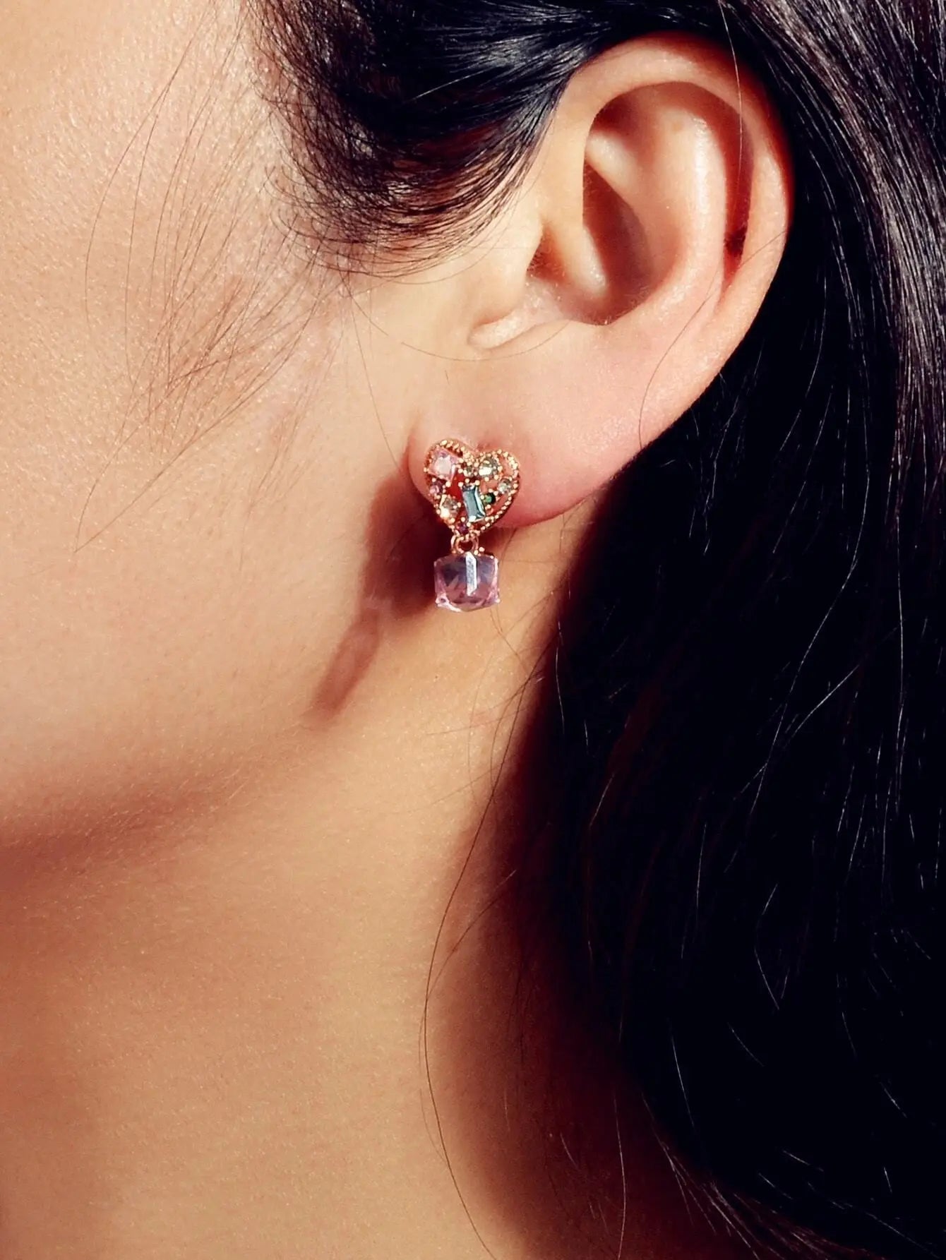 Sweet Textured Shining Crystal Decor Pink Heart Drop Earrings Women Girls Gifts Feelontop Jewellery