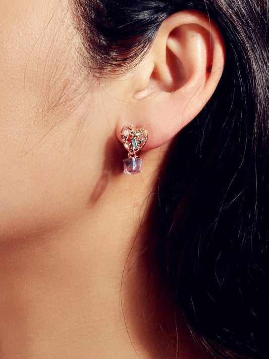 Sweet Textured Shining Crystal Decor Pink Heart Drop Earrings Women Girls Gifts Feelontop Jewellery