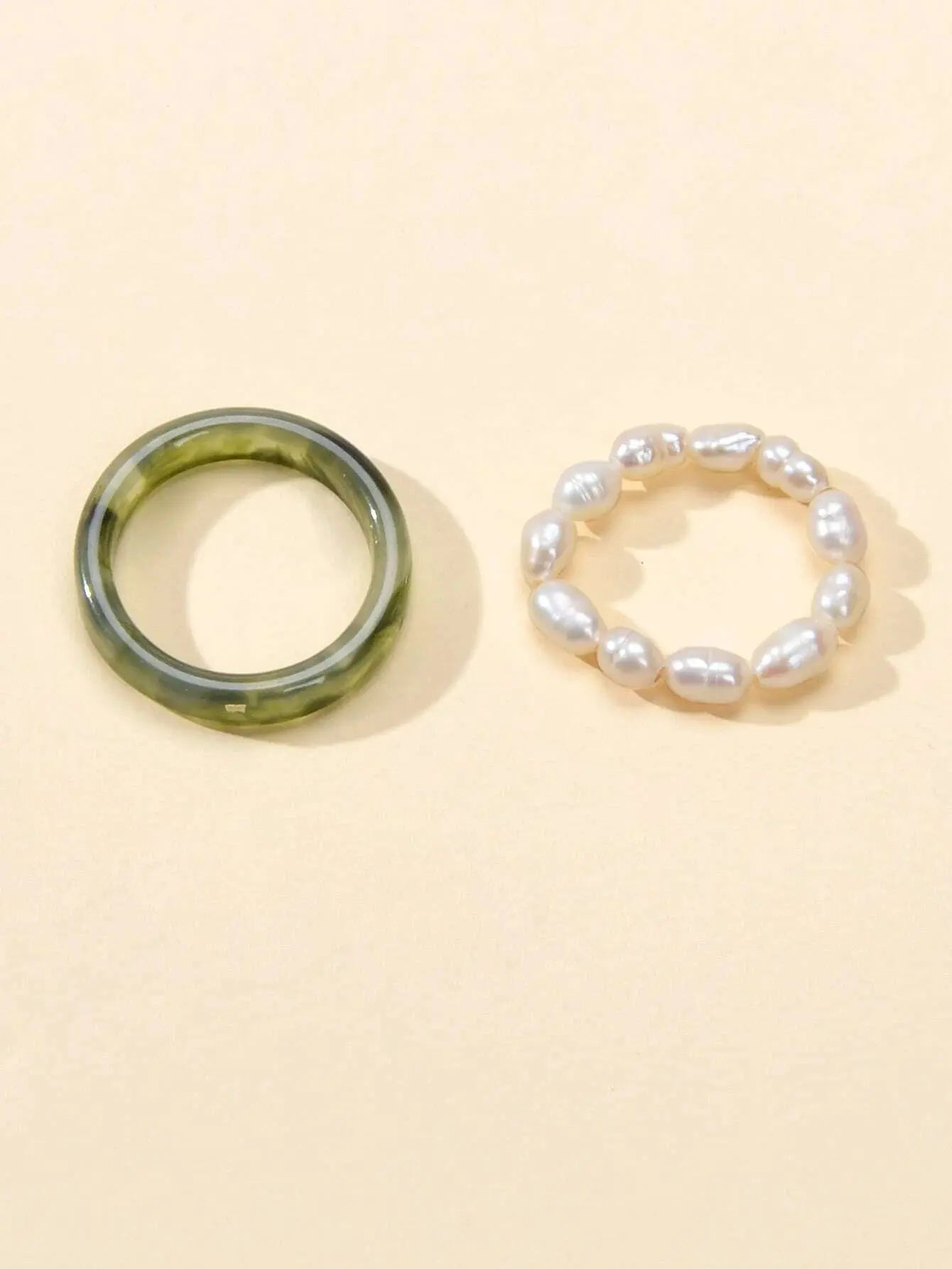 Feelontop 2pcs Pearl Elastic Retro Green Red Acrylic Ring New Women Accessories Feelontop Jewellery