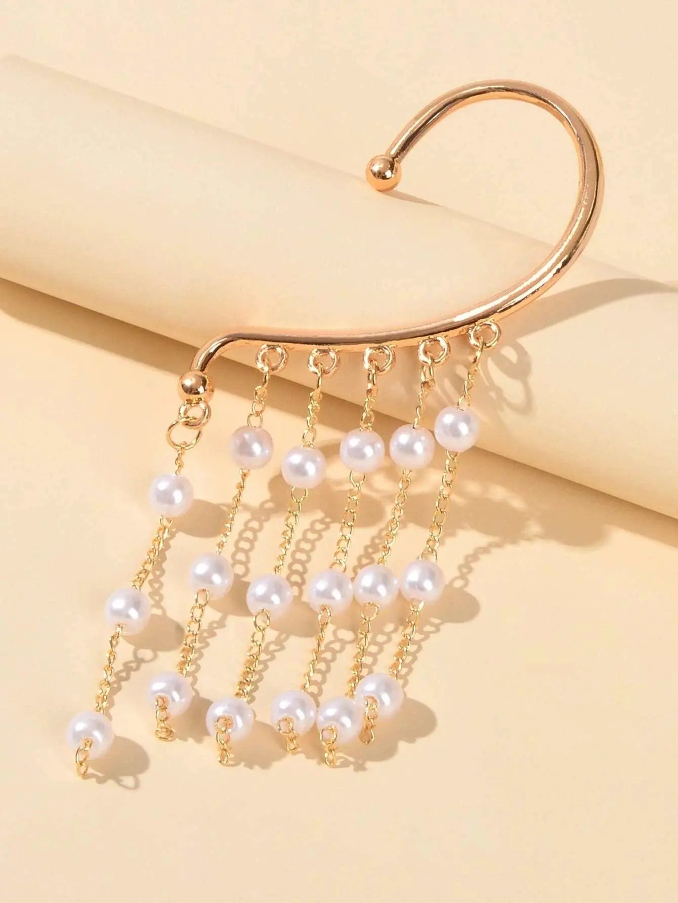 1 pc Pearl Decoration Long Gold Chain Tassel Ear Cuff Dangle Statement Earrings Feelontop Jewellery