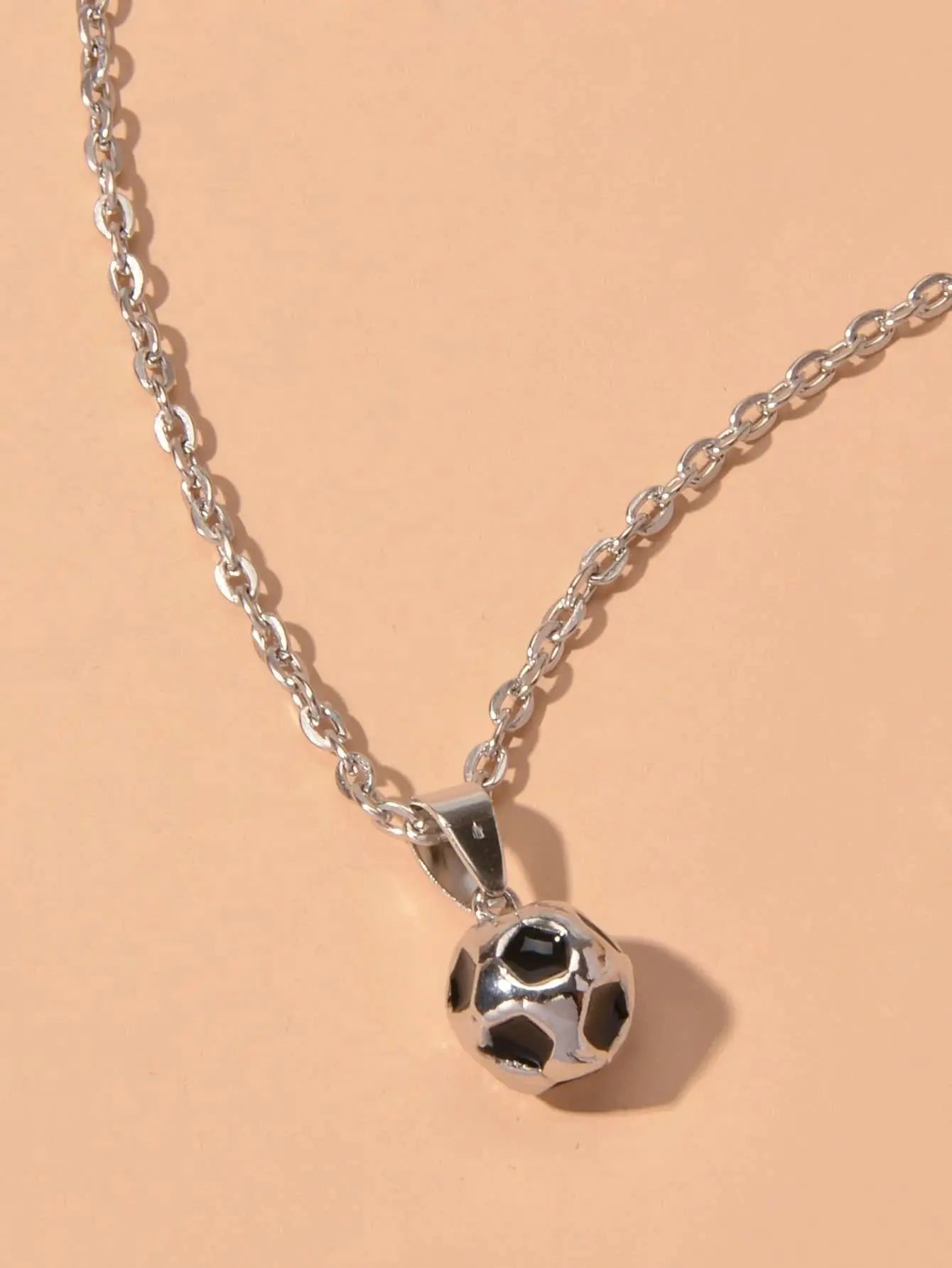 Silver Chain Black Enamel Football Pendant Necklace Soccer Ball Charm Collar Feelontop Jewellery