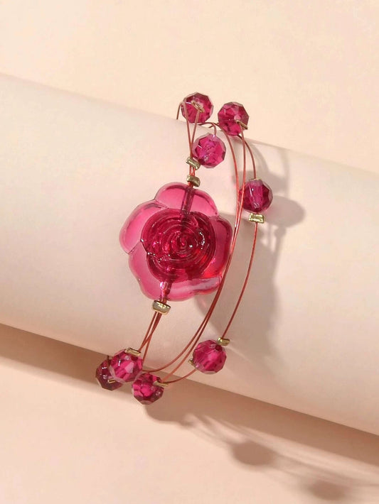 Fashion Jewellery Multi-layer Beads Chain Resin Red Rose Flower Women Bracelet Feelontop Jewellery