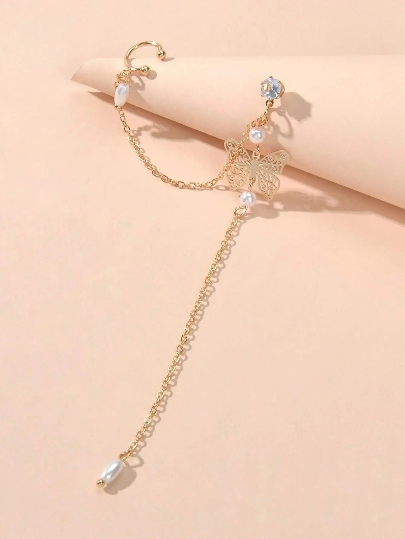 1pc Crystal Pearl Butterfly Long Chain Cartilage Stud Earring Stunning Ear Cuff Feelontop Jewellery