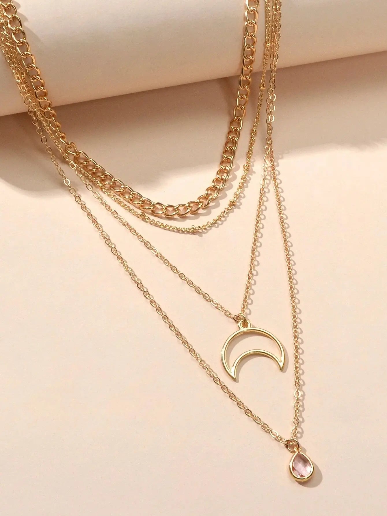 Multi-layer Gold Tone Chain Moon Water Drop Pendant Necklace Girls Party Jewelry Feelontop Jewellery