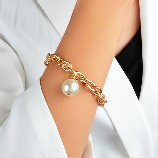 Punk Retro Pearl Beads Charm Crude Gold Link Bracelet Minimalist Ladies Jewelry Feelontop Jewellery