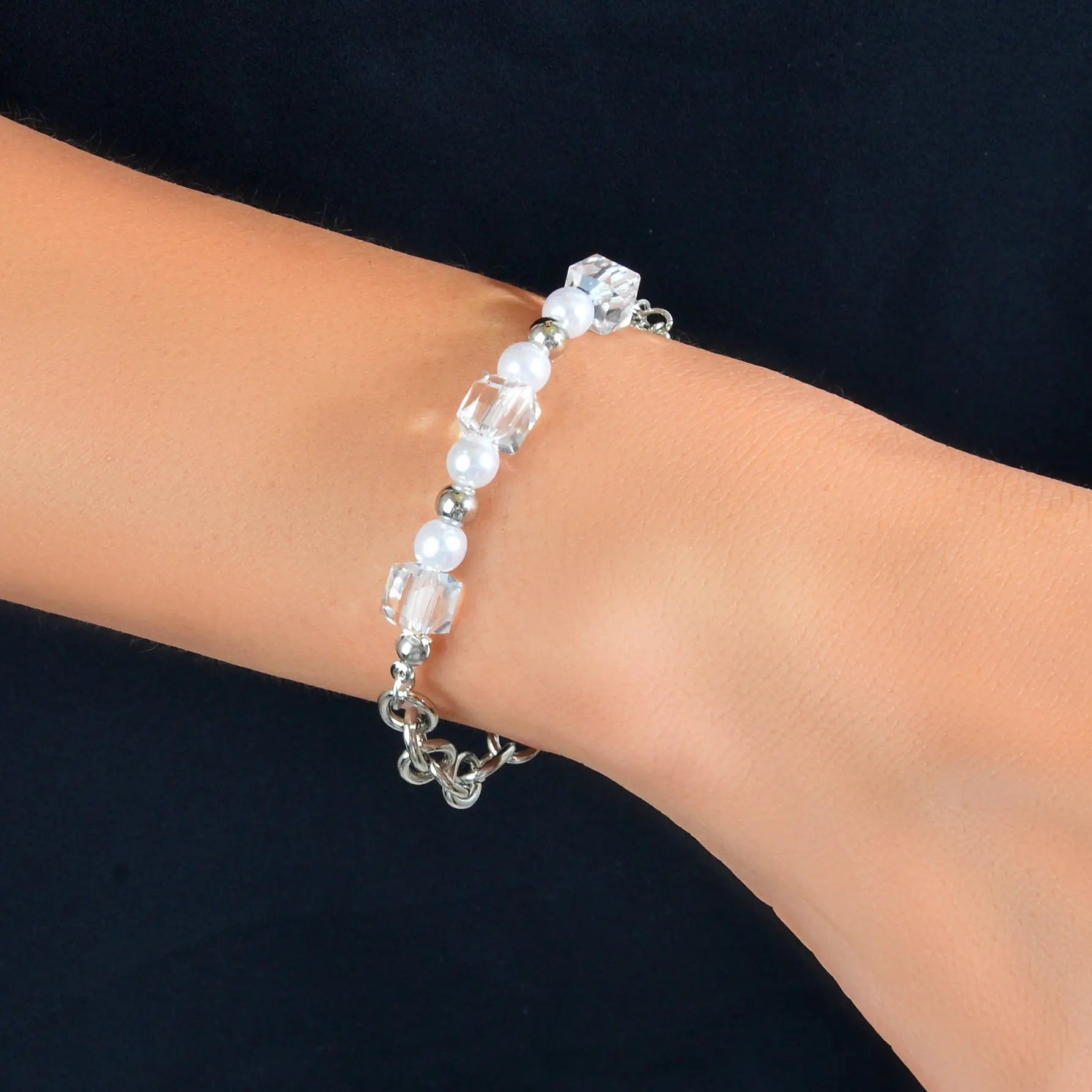 Trendy Accessories Transparent Beads Pearl Silver Chain Bracelet Female Jewelry Feelontop Jewellery