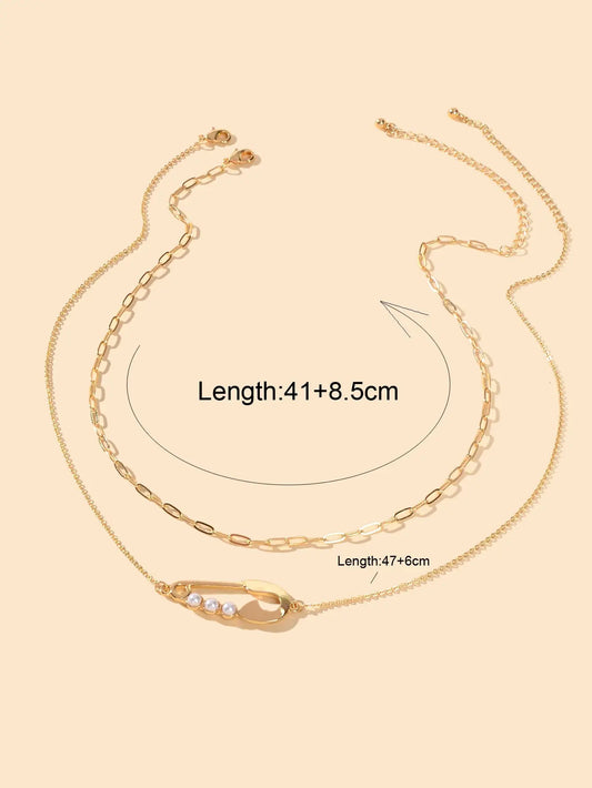 2pcs Popular Accessories Gold Chain Pearl Decor Pin Charm Necklace Women Jewelry Feelontop Jewellery