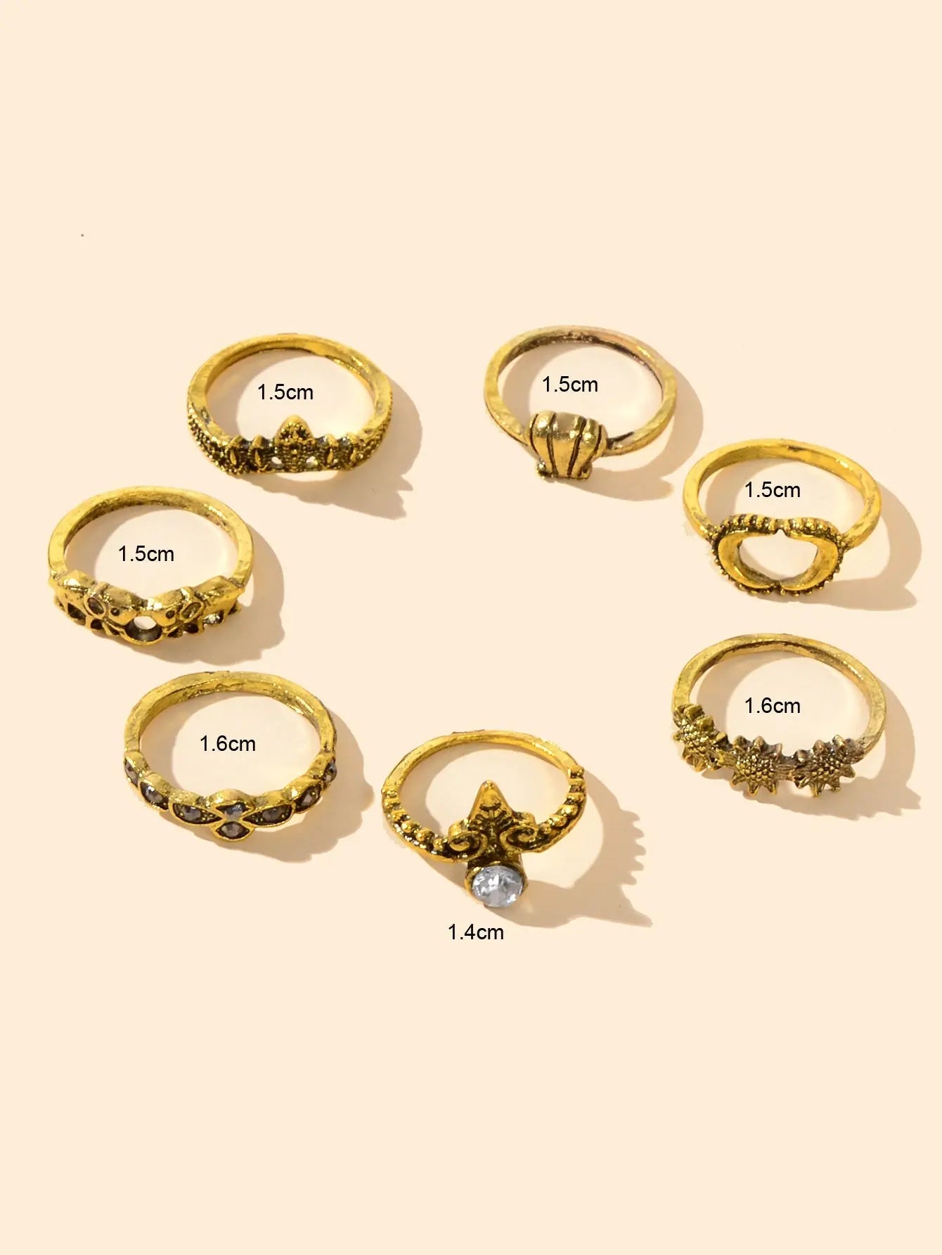 7 pcs Vintage Jewellery Oxidized Antique Gold Moon Shell Finger Ring Set Feelontop Jewellery