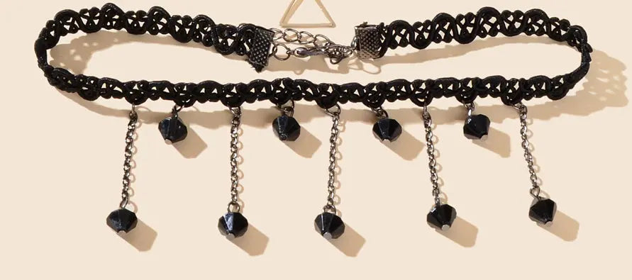 4 pcs Classic Black Gothic Tattoo Lace Chokers Beads Tassel Necklaces Party Gift Feelontop Jewellery