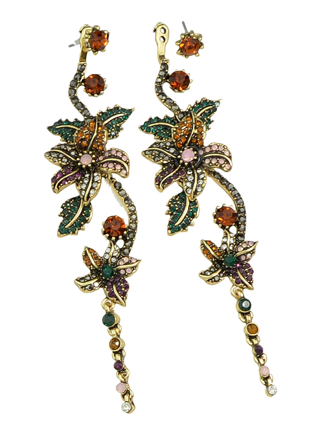 Vintage Luxurious Colourful Rhinestone Antique Gold Flower Long Pendant Earrings Feelontop Jewellery