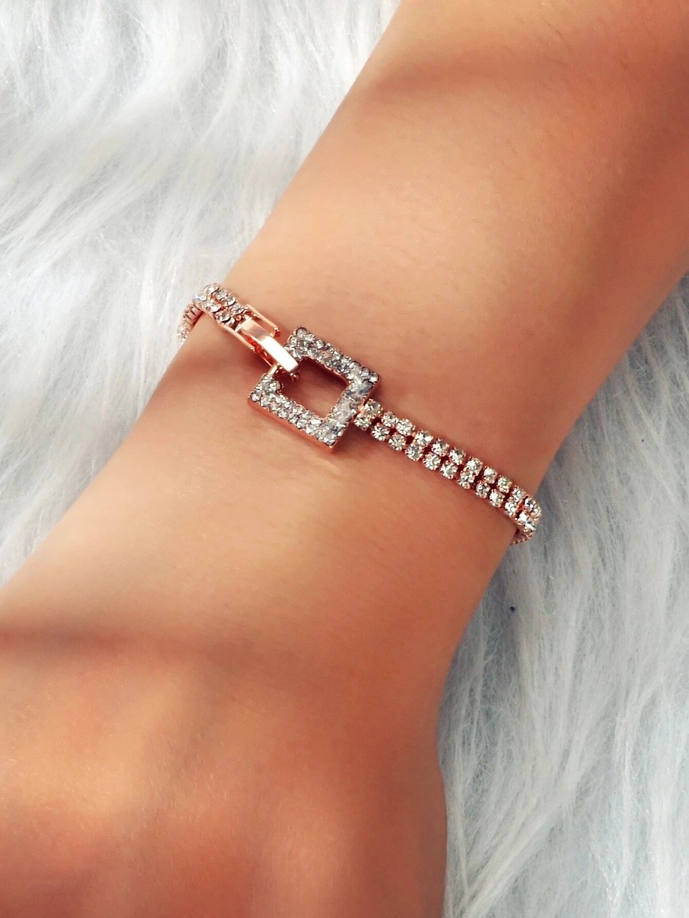 Textured Jewelry Full Rhinestone Rosegold Geometric Chain Women Tennis Bracelet Feelontop Jewellery