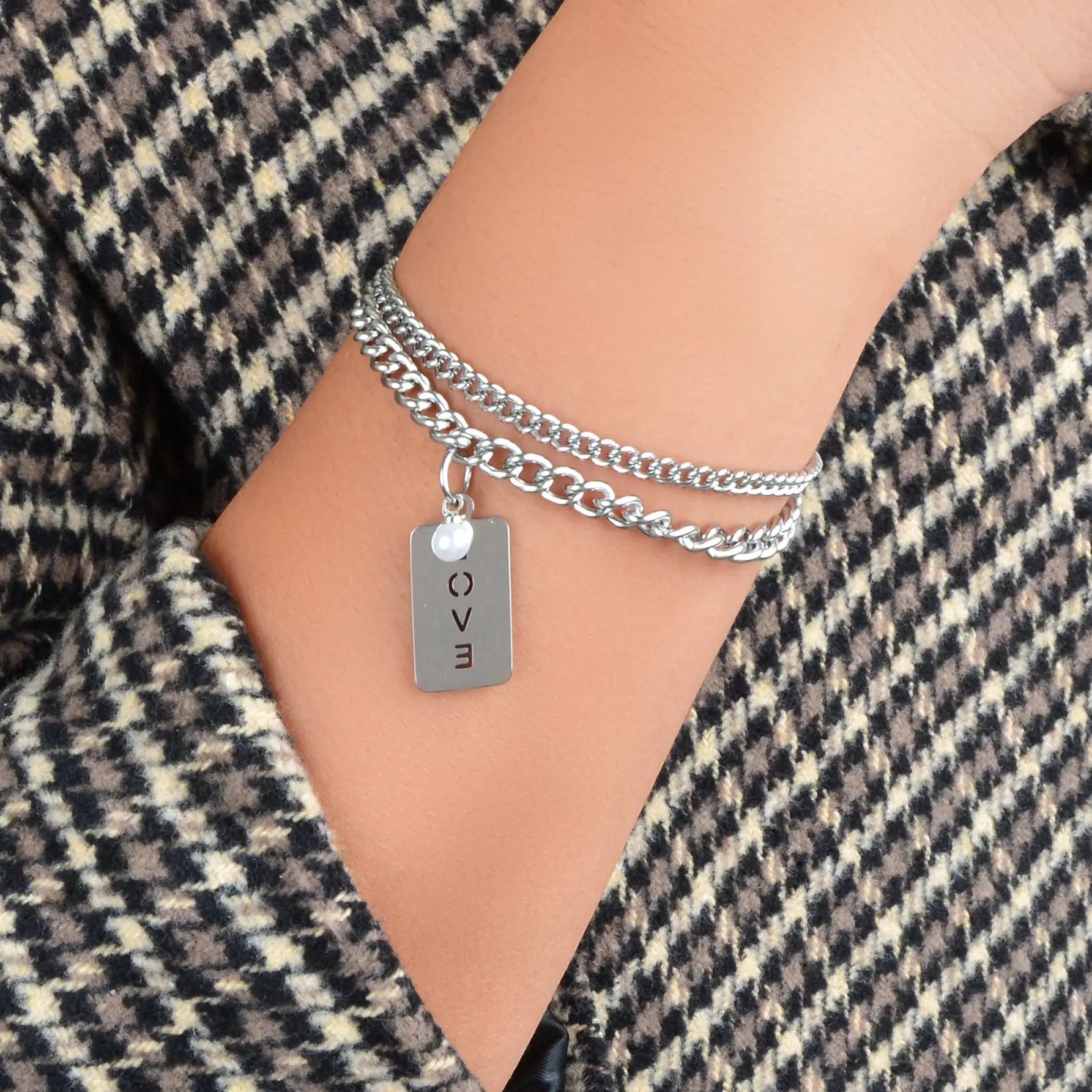 Layered Silver Chain Stainless Steel Rectangle Charm Letter LOVE Bracelet Feelontop Jewellery