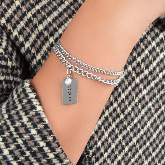 Layered Silver Chain Stainless Steel Rectangle Charm Letter LOVE Bracelet Feelontop Jewellery