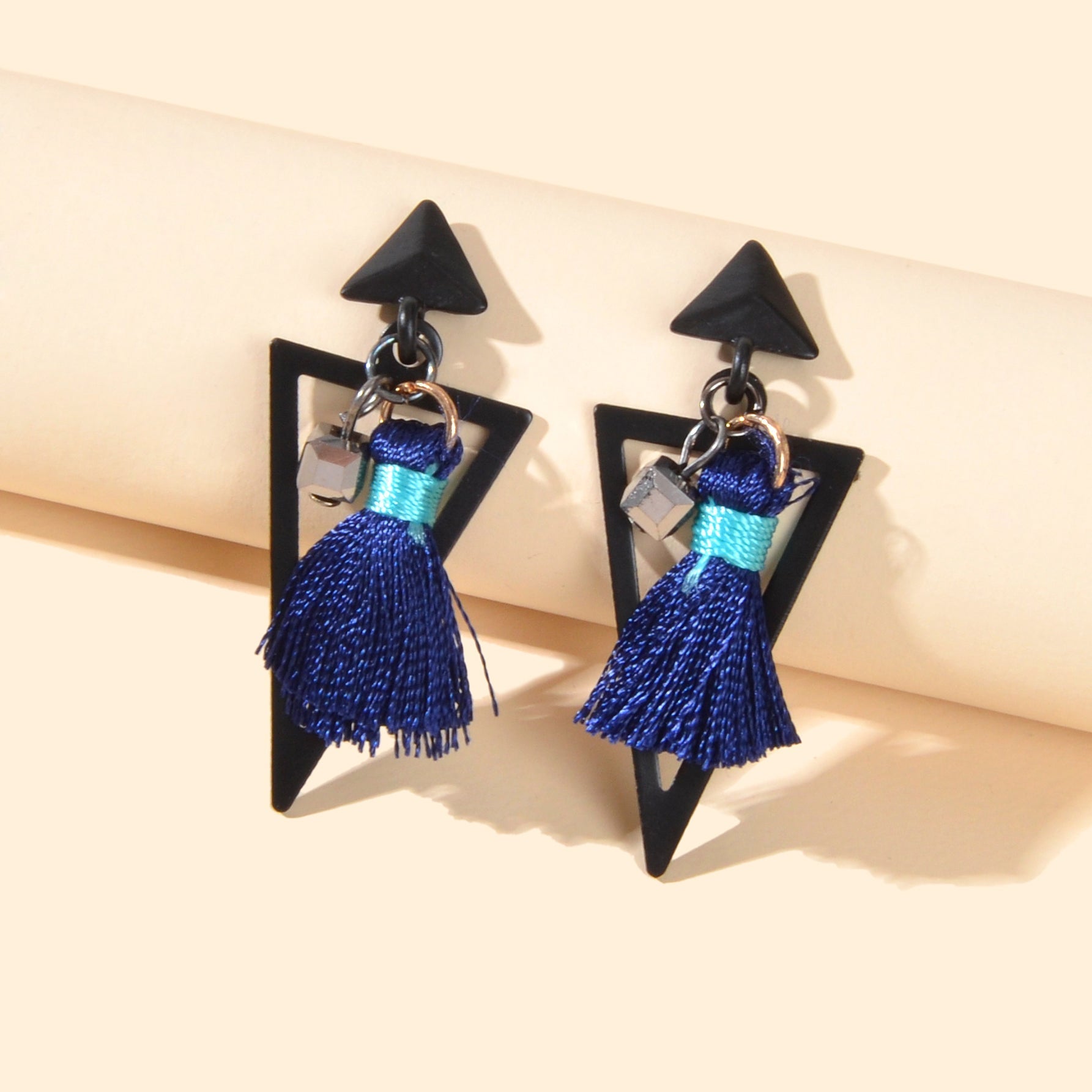 Black Triangle Blue Tassel Dangle Earrings Ethnic Traditional Jewellery Gift Feelontop Jewellery
