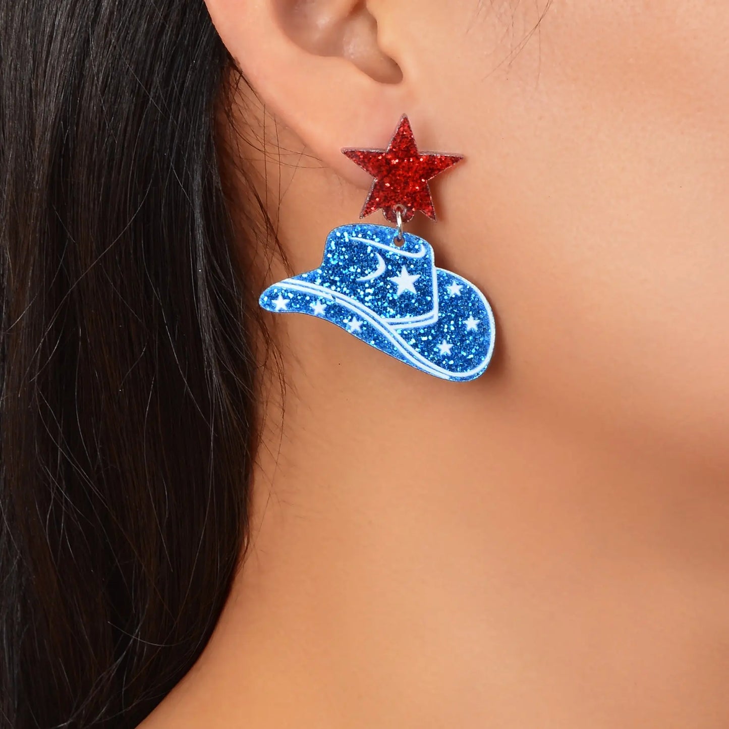 Designer Stylish Sequins Red Star Blue Cowboy Hat Acrylic Earrings Party Jewellery Feelontop Jewellery