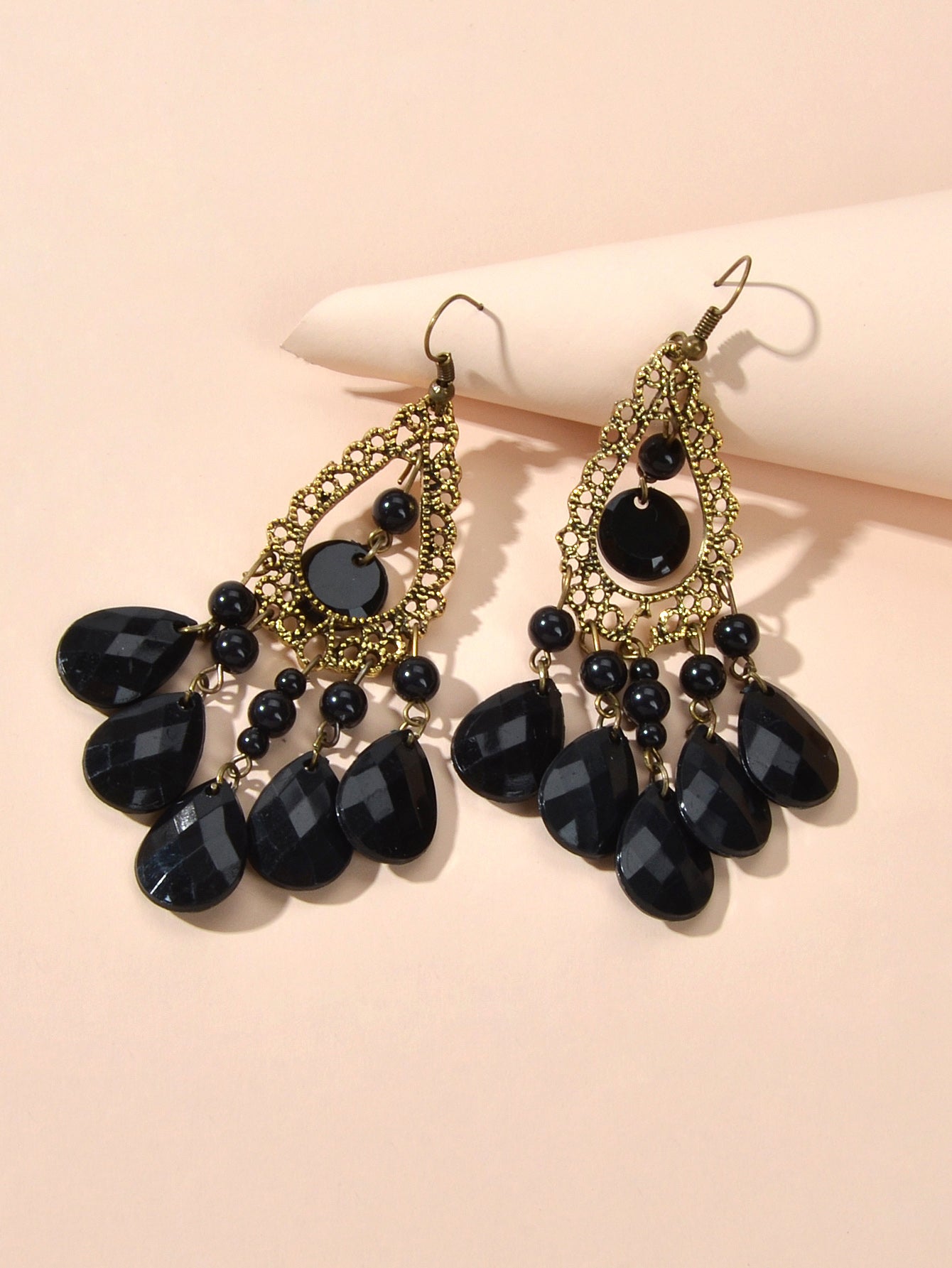 Bohemian Retro Jewellery Black Water Drop Beads Antique Gold Chandelier Earrings Feelontop Jewellery