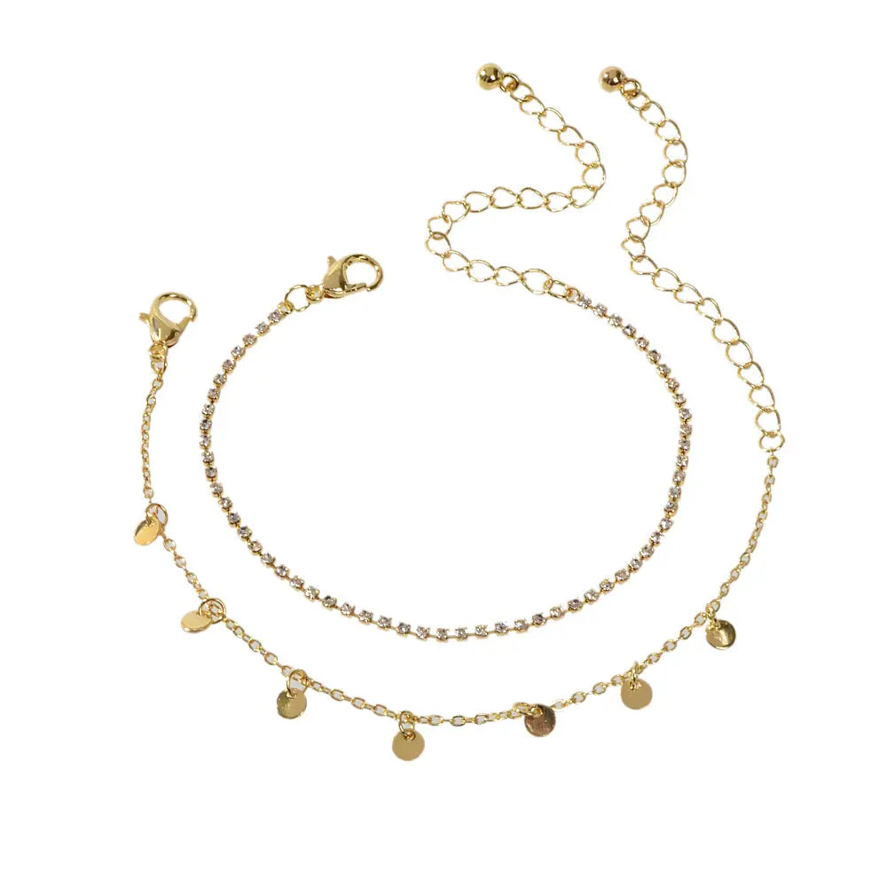2pcs Women Rhinestone Gold Silver Chain Disc Charm Bracelet Fashion Accessories Feelontop Jewellery