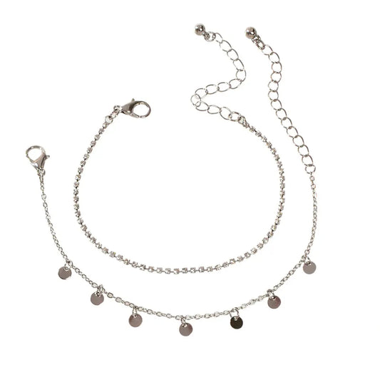 2pcs Women Rhinestone Gold Silver Chain Disc Charm Bracelet Fashion Accessories Feelontop Jewellery