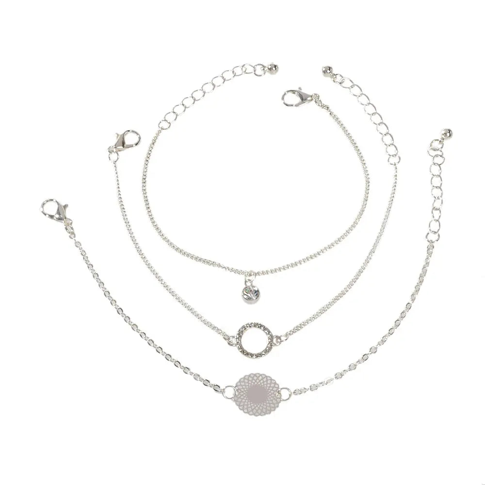 3 pcs/set Fashion Jewellery Silver Chain Rhinestone Circle Charm Bracelet Gift Feelontop Jewellery