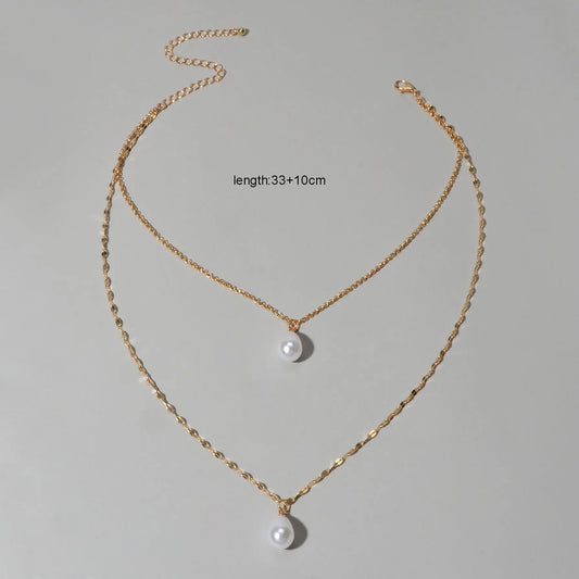 Fashion Double-layer Gold Chain Imitation Pearl Pendant Necklace Gift Jewelry Feelontop Jewellery