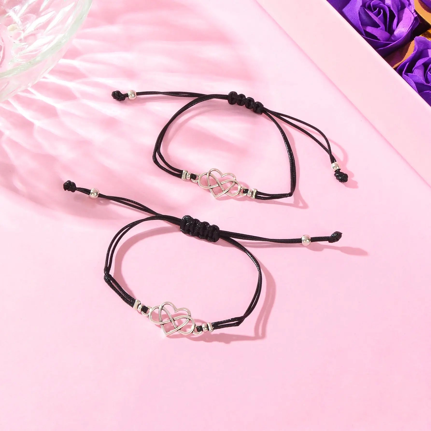 2 pcs Double layer Black Adjustable Rope Heart Charm Friendship Bracelets set Feelontop Jewellery