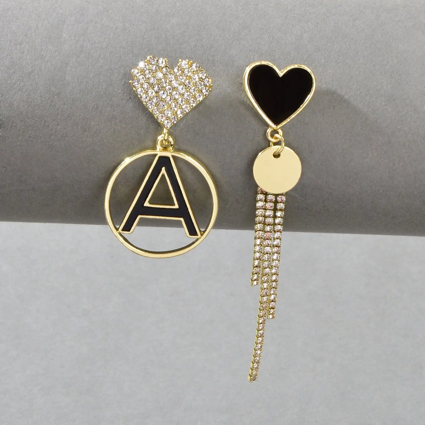 Asymmetrical Design Rhinestone Tassel Heart Circle Letter A Disc Charm Earrings Feelontop Jewellery