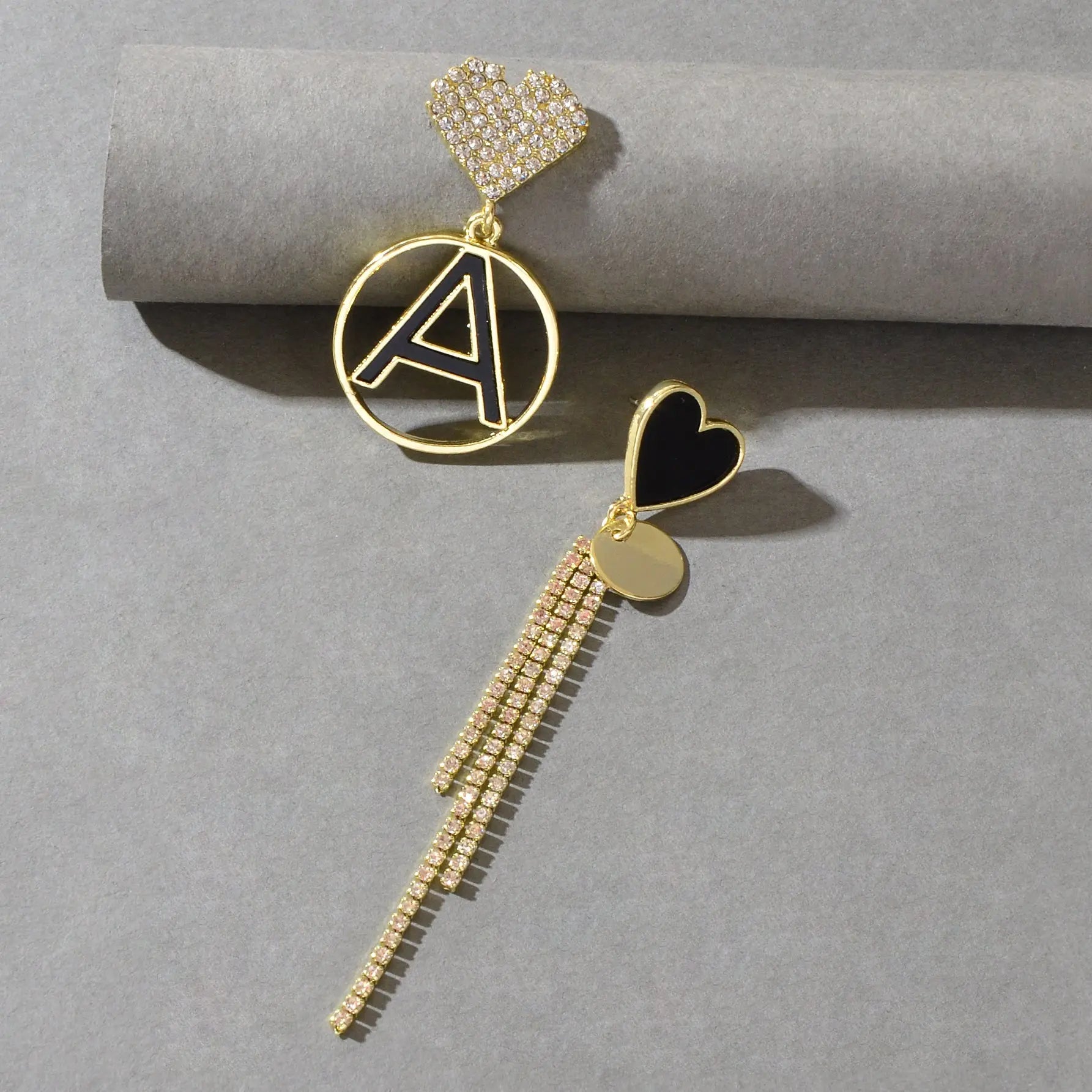 Asymmetrical Design Rhinestone Tassel Heart Circle Letter A Disc Charm Earrings Feelontop Jewellery
