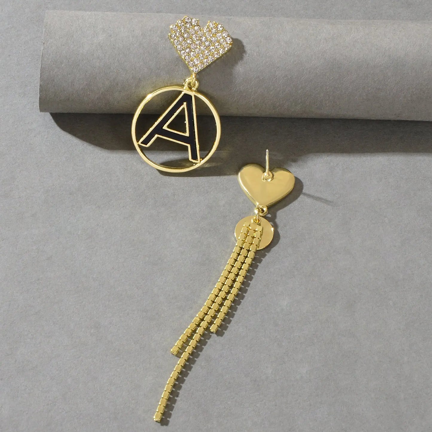 Asymmetrical Design Rhinestone Tassel Heart Circle Letter A Disc Charm Earrings Feelontop Jewellery