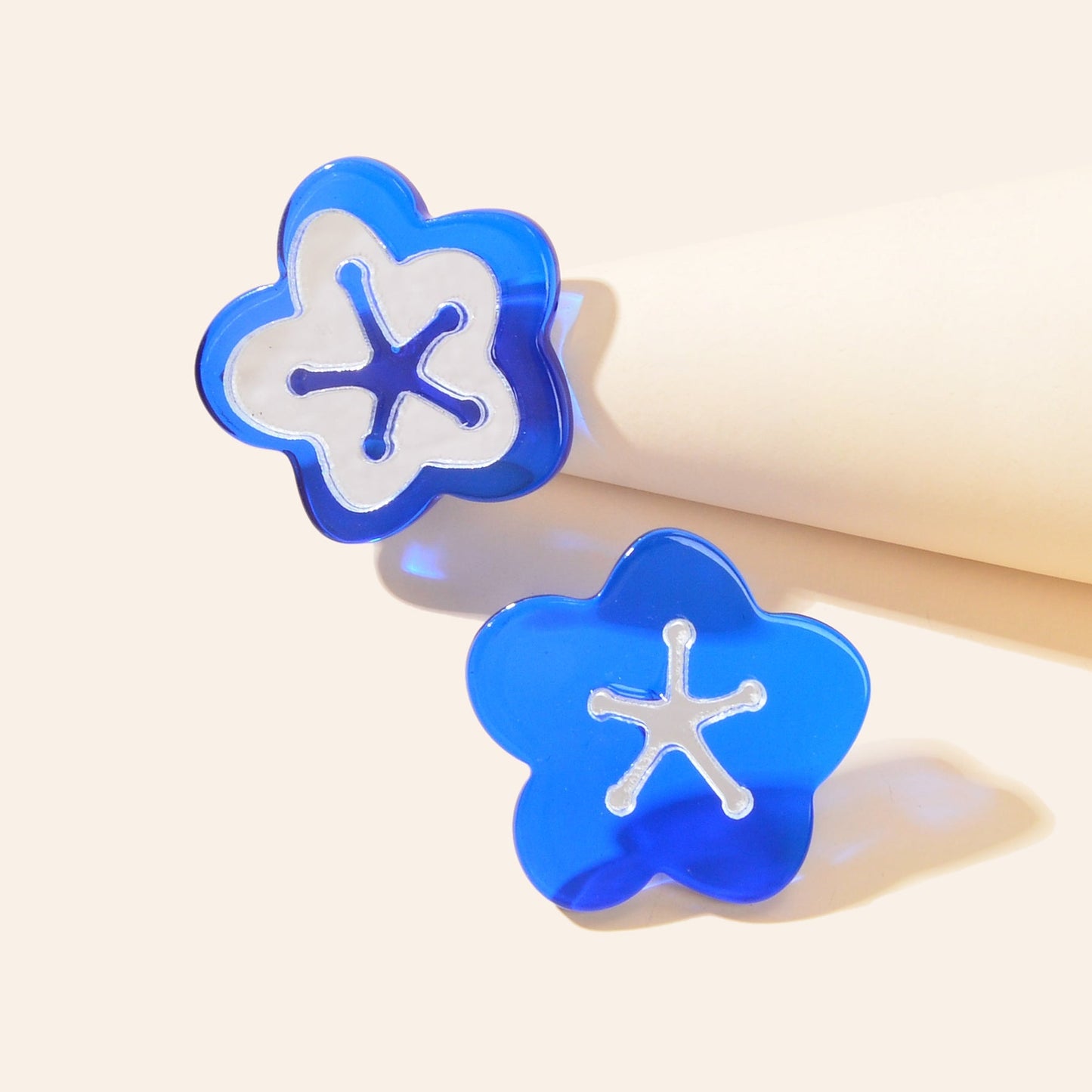 Blue Resin Asymmetrical Flower Stud Ladies Hypoallergenic Pierced Earrings Gift Feelontop Jewellery