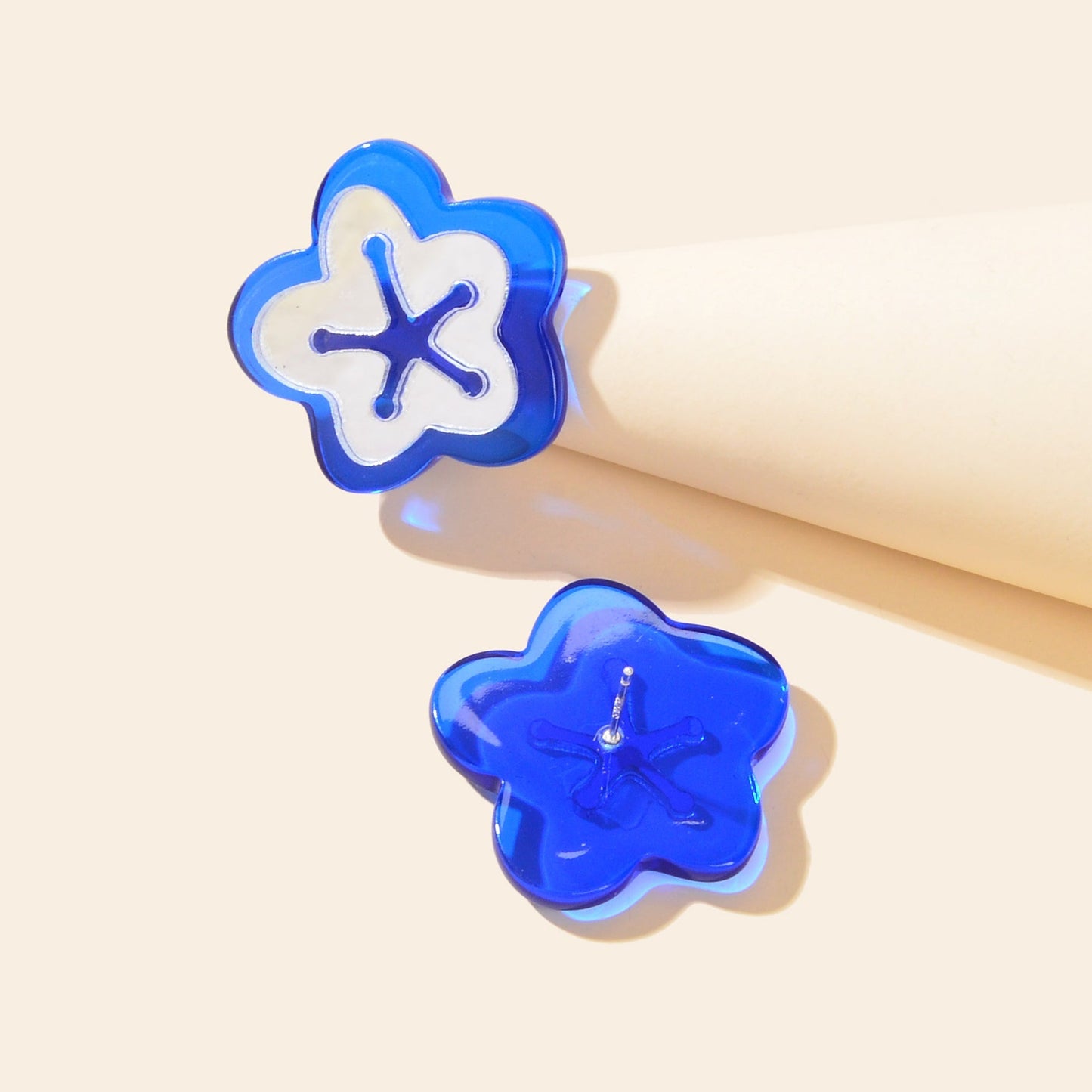 Blue Resin Asymmetrical Flower Stud Ladies Hypoallergenic Pierced Earrings Gift Feelontop Jewellery
