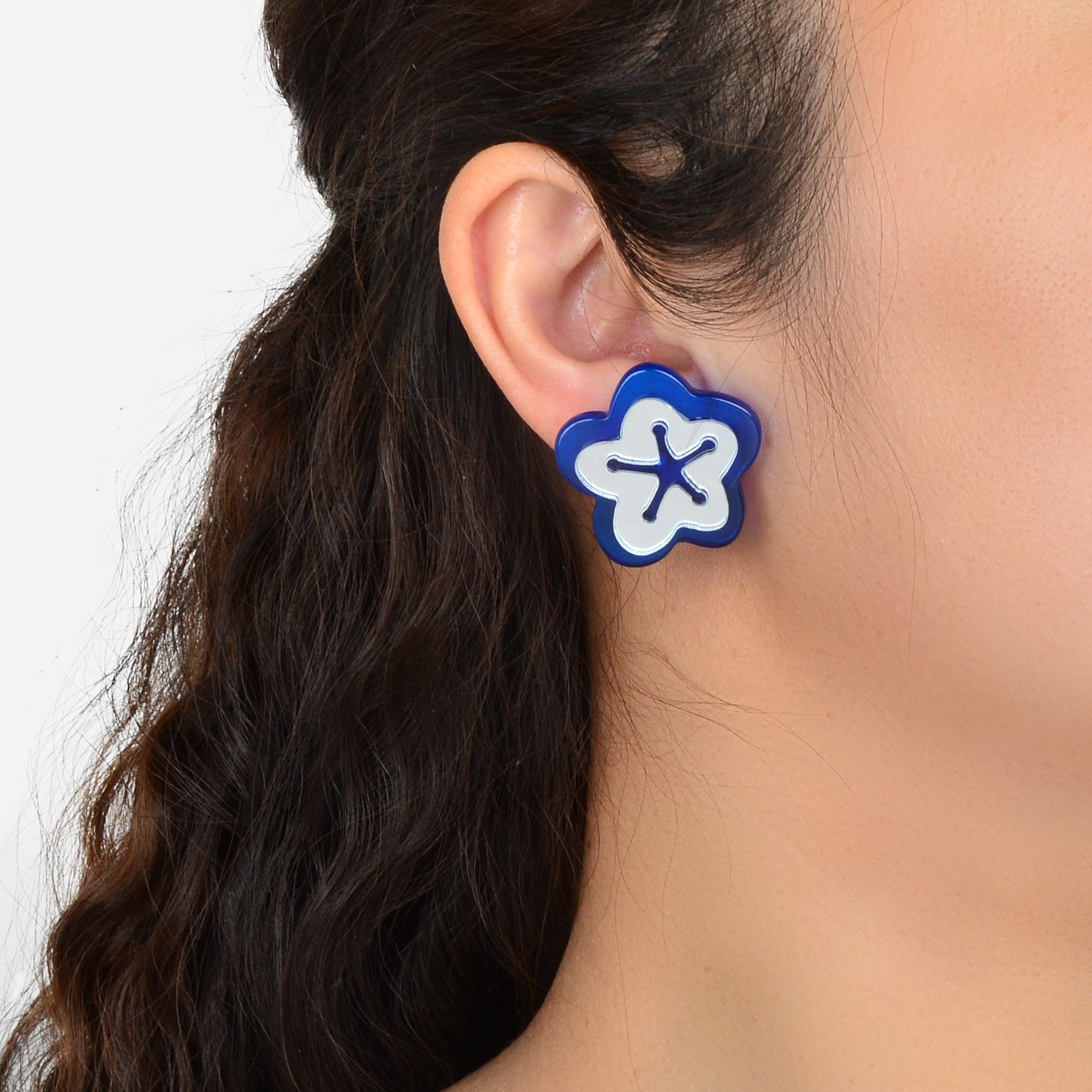 Blue Resin Asymmetrical Flower Stud Ladies Hypoallergenic Pierced Earrings Gift Feelontop Jewellery