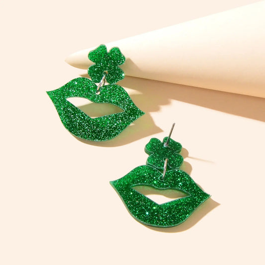 Shining Green Acrylic Lip Clover Pendant Stud Women Earrings Personality Jewelry Feelontop Jewellery