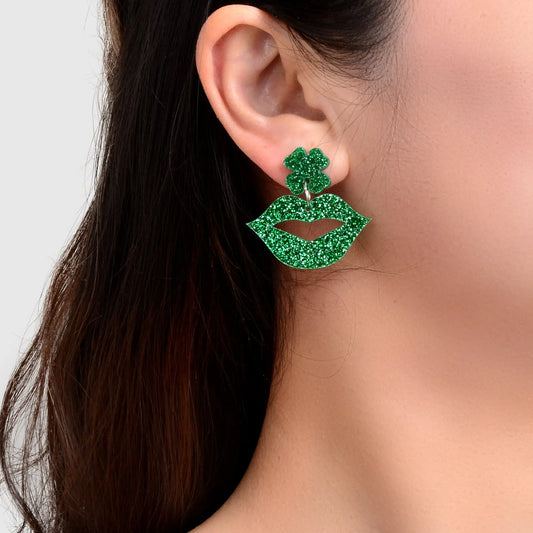 Shining Green Acrylic Lip Clover Pendant Stud Women Earrings Personality Jewelry Feelontop Jewellery