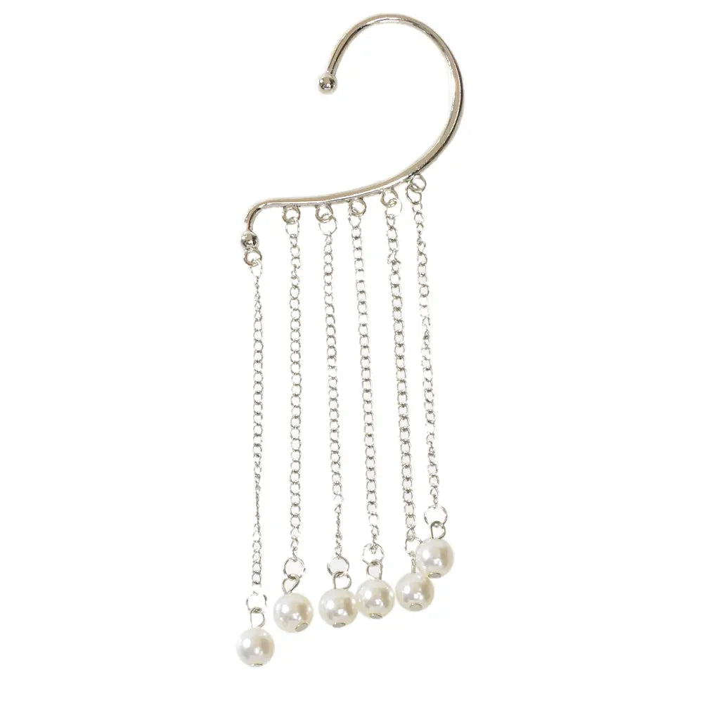 1 pc Fashion Pearl Silver Long Chain Tassel Big Ear Cuff Statement Earrings Feelontop Jewellery