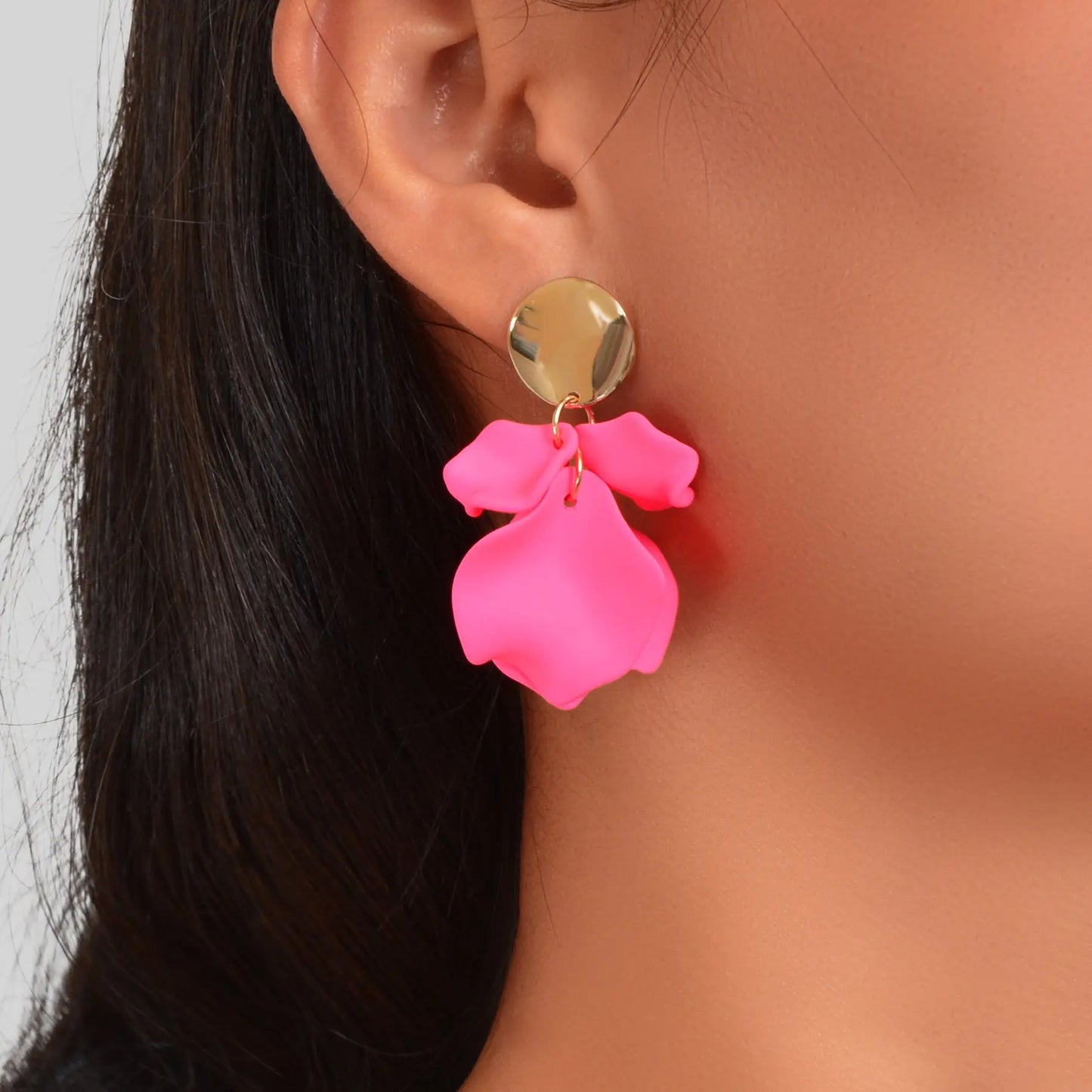 Romantic Gold Disc Decor Hot Pink Flower Petal Stud Earrings Women Jewelry Gift Feelontop Jewellery