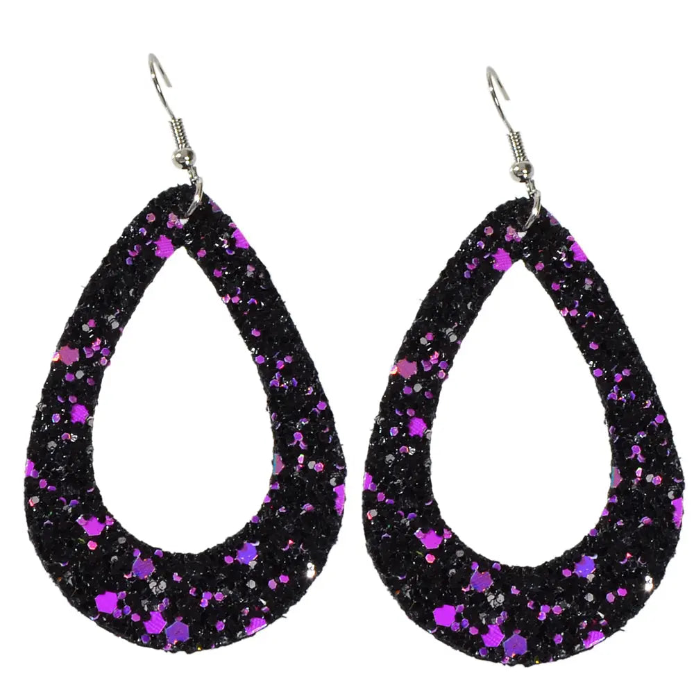 Boho Chic Gold Black Leather Shining Sequins Water Drop Big Dangle Earrings Gift Feelontop Jewellery