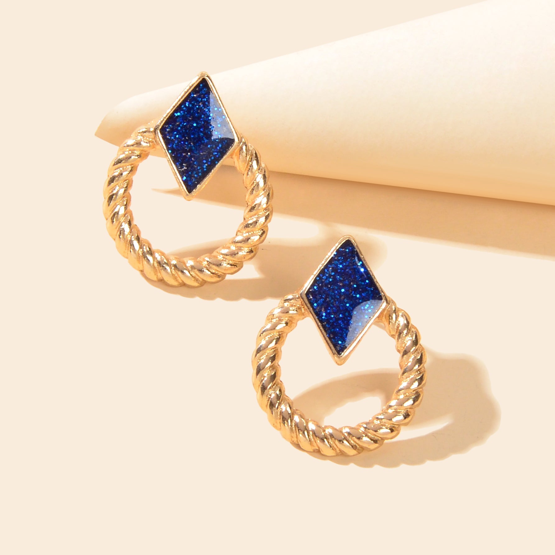 Designer Stylish Jewellery Gold Circle Blue Enamel Rhombus Stud Female Earrings Feelontop Jewellery