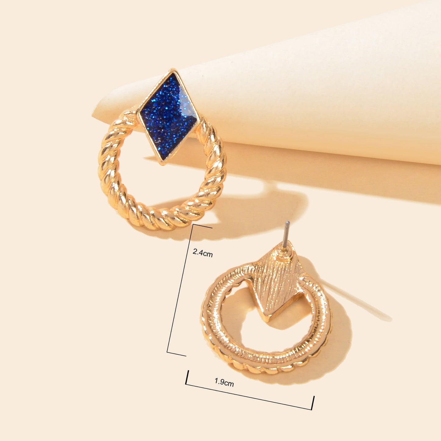 Designer Stylish Jewellery Gold Circle Blue Enamel Rhombus Stud Female Earrings Feelontop Jewellery