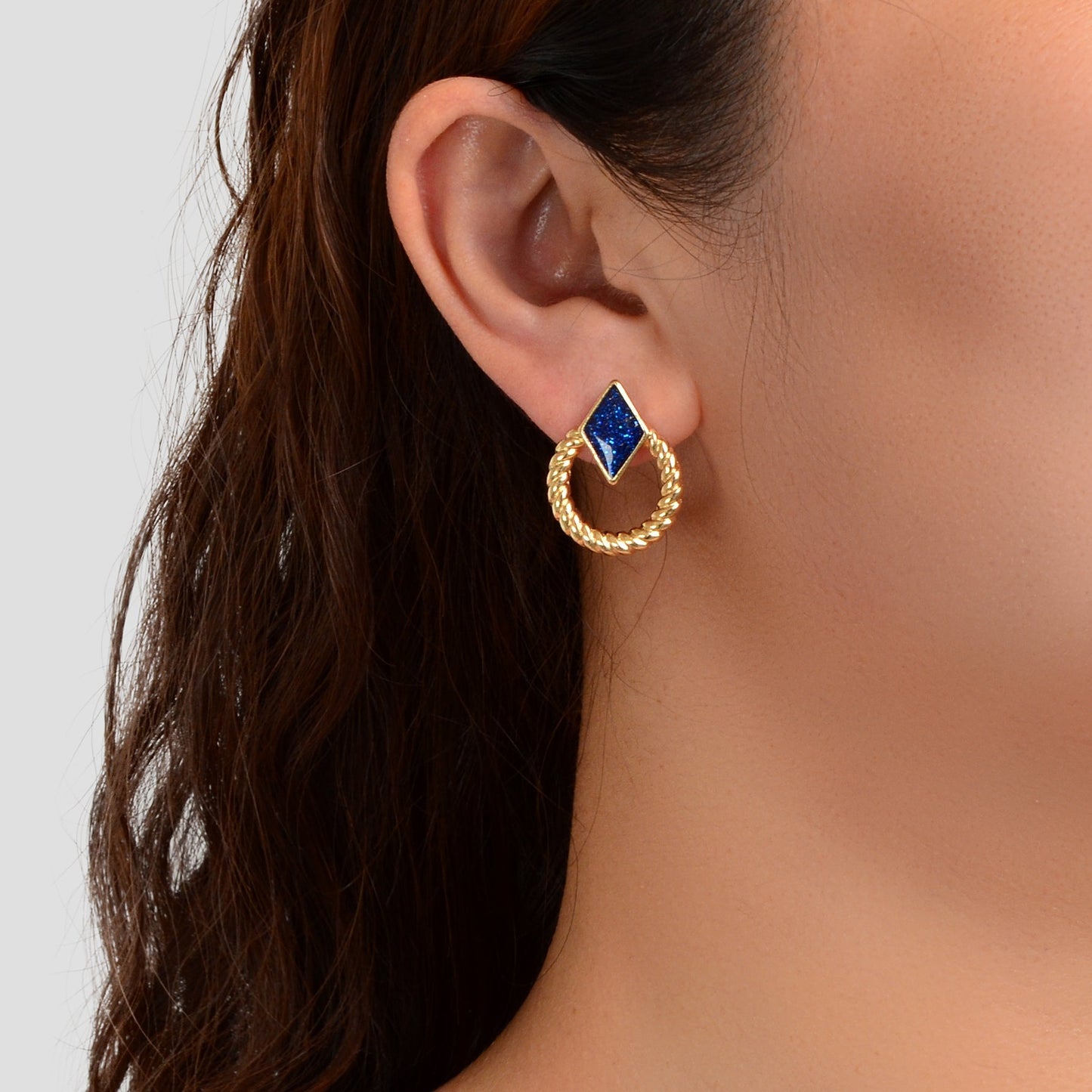 Designer Stylish Jewellery Gold Circle Blue Enamel Rhombus Stud Female Earrings Feelontop Jewellery