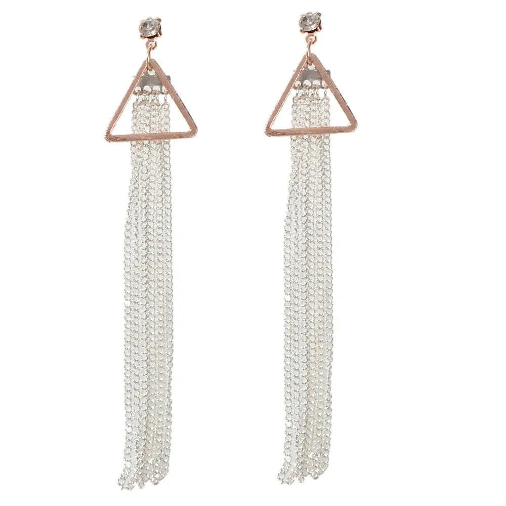 Rhinestone Triangle Silver Tassel Long Chain Drop Dangle Party Stud Earrings Feelontop Jewellery