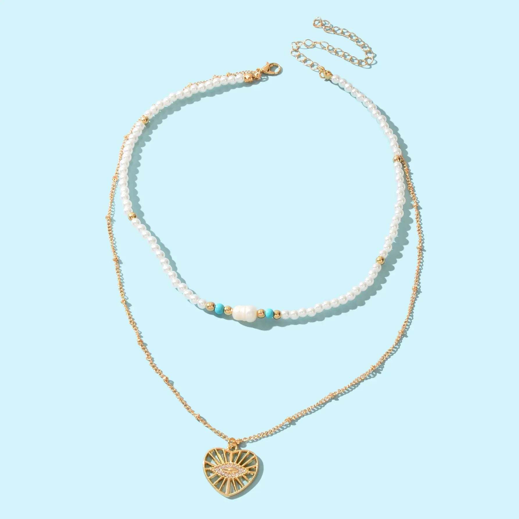 Boho Chic Layered Gold Pearl Beaded Chain Eye Hollow Gold Heart Pendant Necklace Feelontop Jewellery