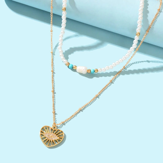 Boho Chic Layered Gold Pearl Beaded Chain Eye Hollow Gold Heart Pendant Necklace Feelontop Jewellery