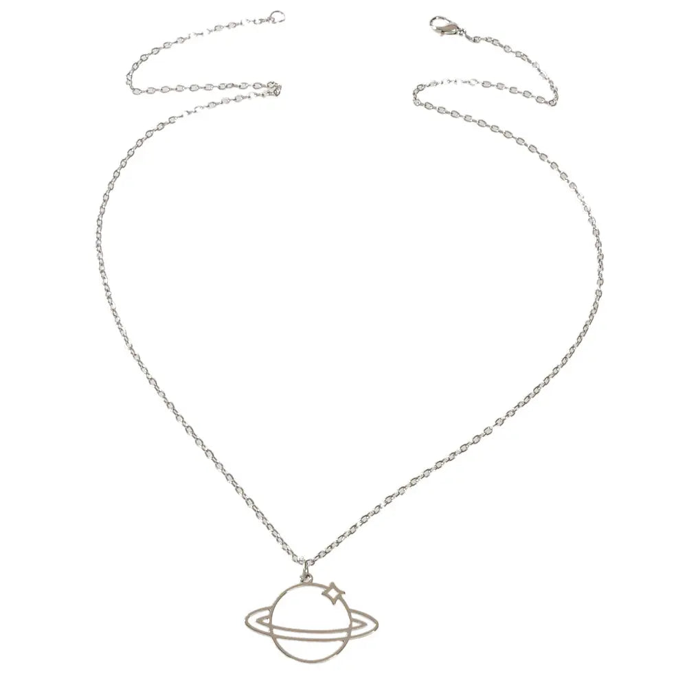 Trendy Jewellery Silver Long Chain Space Planet Charm Necklace Accessories Gift Feelontop Jewellery